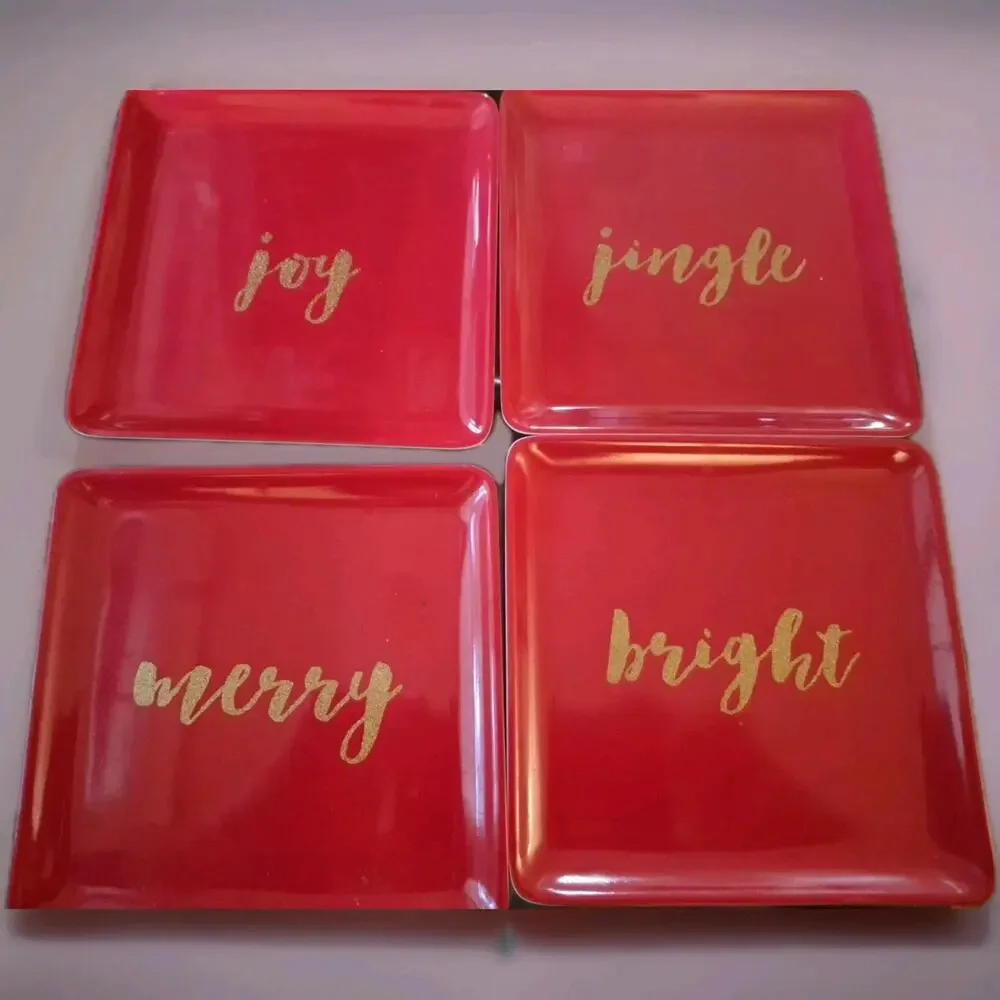 Nicole Miller Square Melamine Plates 5.75 Set of 4 Holidays Red Gold Christmas
